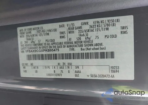 2023 Ford Transit-350 Passenger Van Xlt из США, поврежденный, VIN 1FBAX9CGXPKB95475